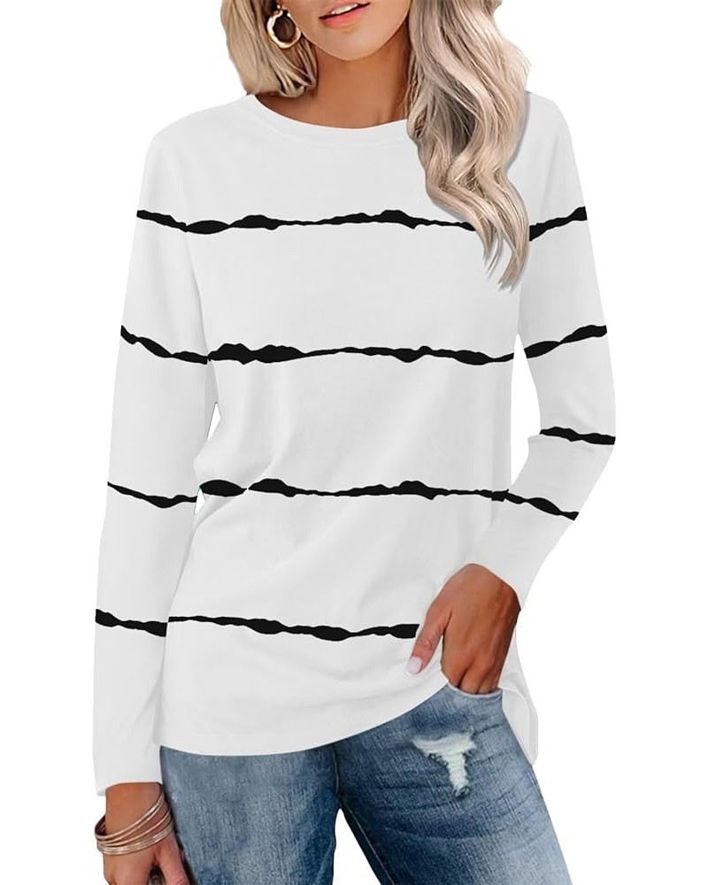 Women's Color Block Tops Casual Long Sleeve Tunic Round Neck Pullover Shirts C White $18.28 Tops