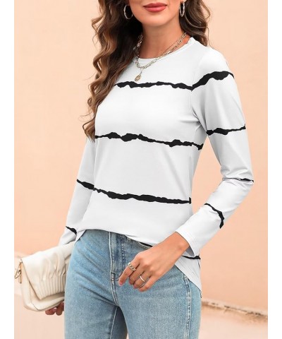 Women's Color Block Tops Casual Long Sleeve Tunic Round Neck Pullover Shirts C White $18.28 Tops