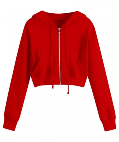 Zip Up Hoodie for Women Drawstring Sweatshirts Cropped Long Sleeve Cute Teen Girls Hooded Jacket Y2k Clothes 12 Red $6.74 Act...