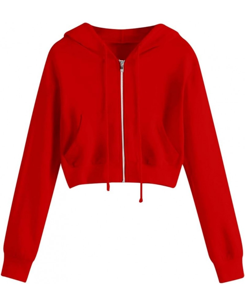 Zip Up Hoodie for Women Drawstring Sweatshirts Cropped Long Sleeve Cute Teen Girls Hooded Jacket Y2k Clothes 12 Red $6.74 Act...