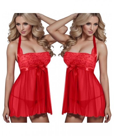 Lingerie for Women Lace Lingeries Chemise Sexy V Neck Mesh Nightgown Sleepwear Plus Size Boudoir Teddy Nightdress Z91-red $4....