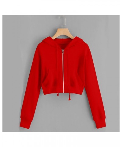 Zip Up Hoodie for Women Drawstring Sweatshirts Cropped Long Sleeve Cute Teen Girls Hooded Jacket Y2k Clothes 12 Red $6.74 Act...