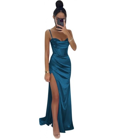 Women's Sequin Prom Dresses for Teens Satin Ball Gown High Slit Formal Dress Backless Mermiad Wedding Evening Gown Peacock $3...