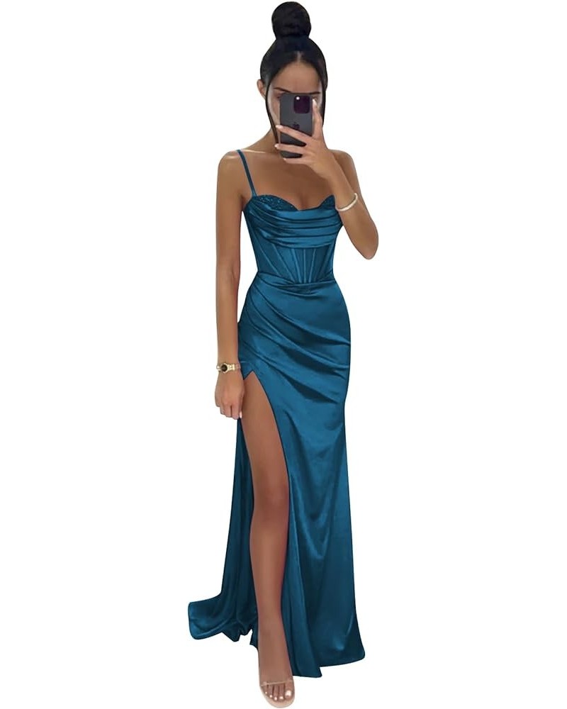 Women's Sequin Prom Dresses for Teens Satin Ball Gown High Slit Formal Dress Backless Mermiad Wedding Evening Gown Peacock $3...