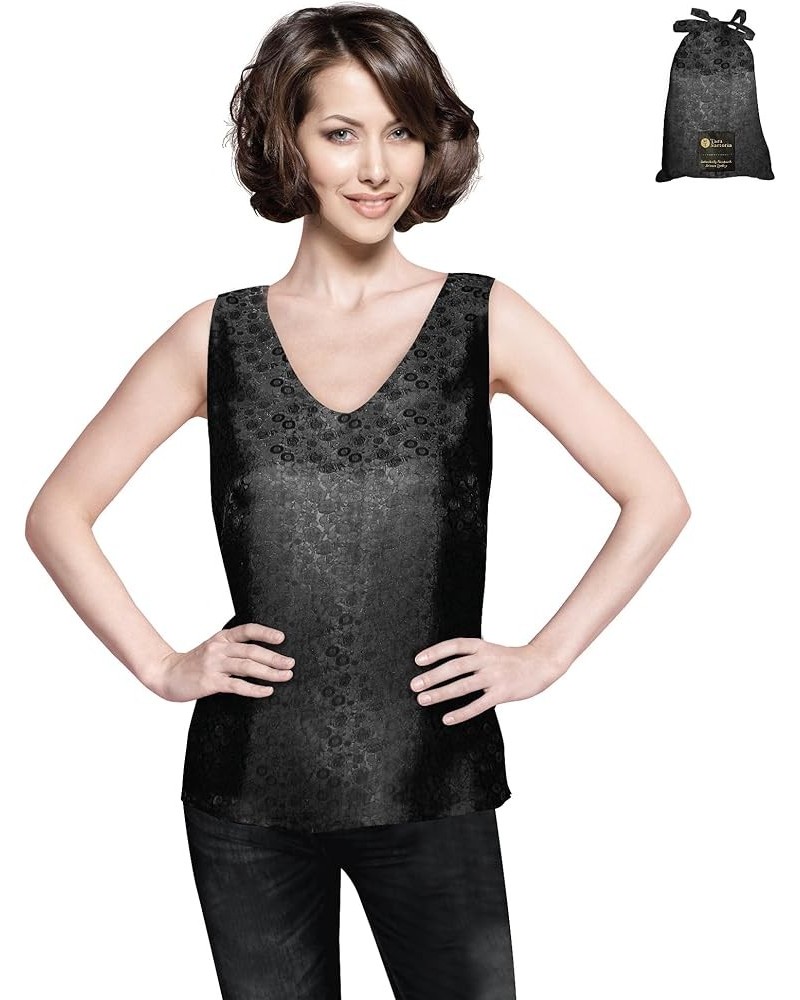 Luxury Artisan Silk Tank Tops for Women, Pure Silk Jacquard with Soft Cotton Back Onyx $26.31 Tops