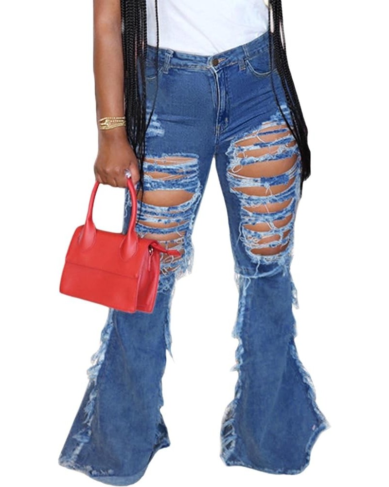 Women's Bell Bottom Jeans High Waisted Classic Retro Ripped Hole Denim Long Wide-Leg Flare Pants Blue-23295 $16.95 Jeans