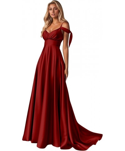 Women's Off The Shoulder Bridesmaid Dresses Long Satin Ruched Formal Party Gowns with Pockets Burgundy $30.55 Dresses