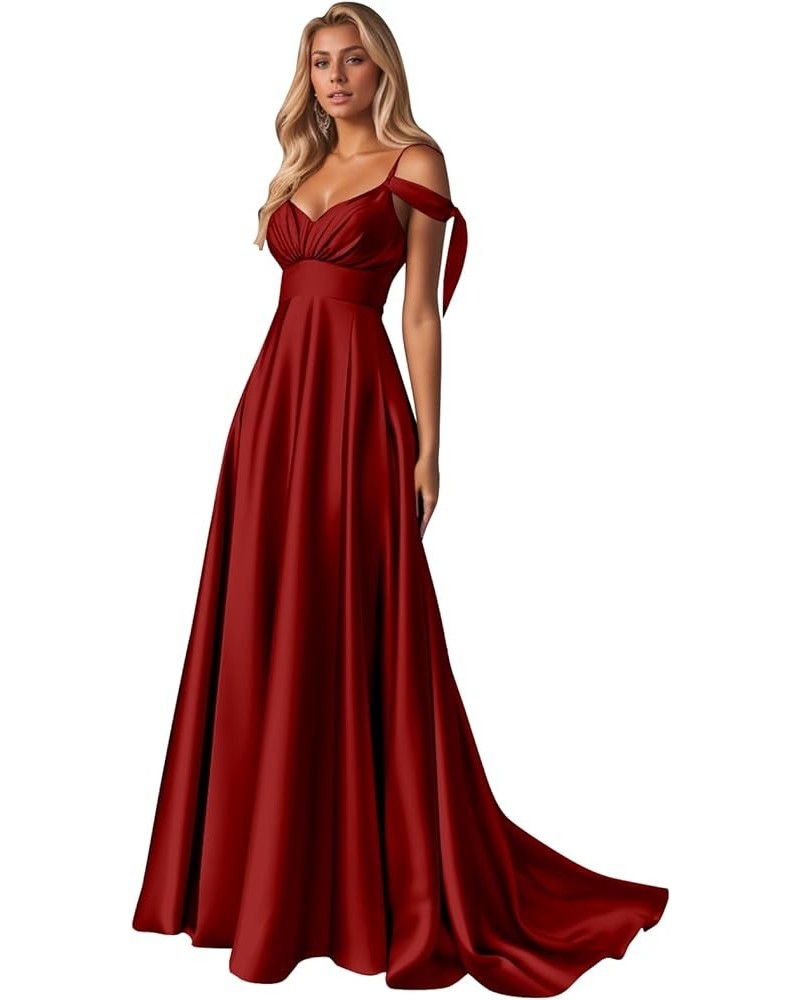 Women's Off The Shoulder Bridesmaid Dresses Long Satin Ruched Formal Party Gowns with Pockets Burgundy $30.55 Dresses