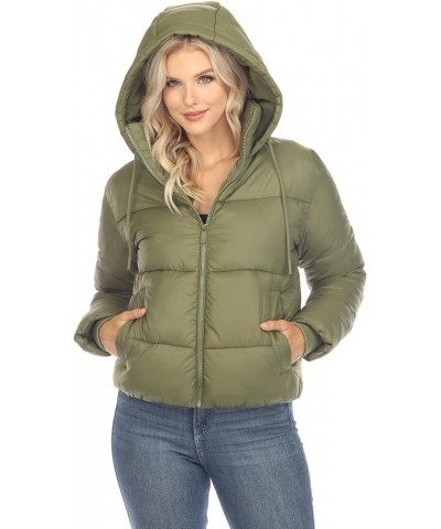 Women's Full Front Zip Hooded Bomber Puffer Jacket Olive $24.95 Jackets