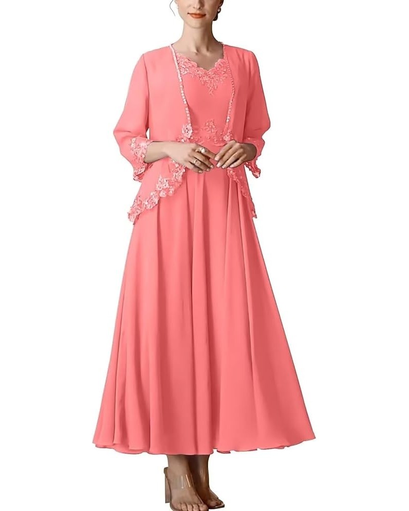 2 Piece Mother of The Bride Dresses with Jacket Chiffon Sequin Appliques Formal Dress for Women Coral $29.11 Dresses