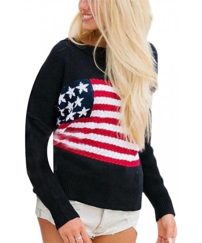 Y2k Vintage Sweater Long Sleeve Crew Neck Loose Knit Pullover American Flag Sweatshirt Preppy Striped Sweater E-flag Black $1...