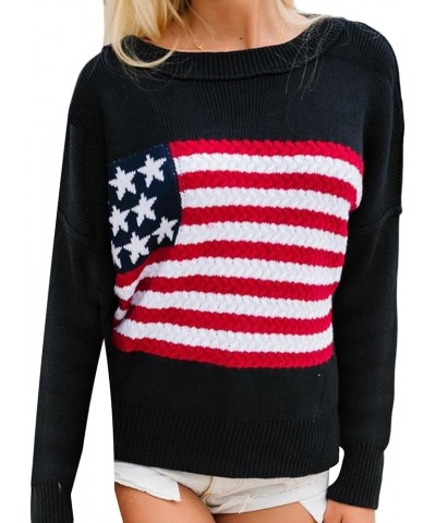 Y2k Vintage Sweater Long Sleeve Crew Neck Loose Knit Pullover American Flag Sweatshirt Preppy Striped Sweater E-flag Black $1...