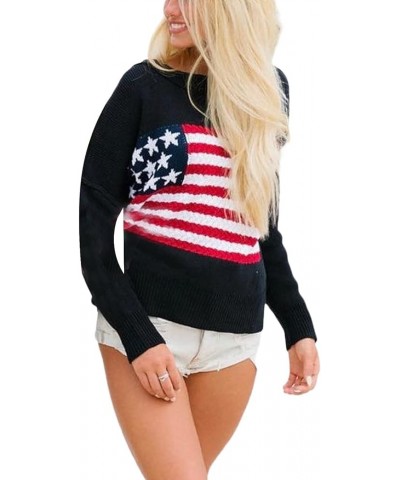 Y2k Vintage Sweater Long Sleeve Crew Neck Loose Knit Pullover American Flag Sweatshirt Preppy Striped Sweater E-flag Black $1...