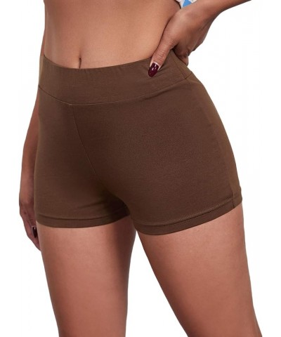 Women's High Elastic Waist Biker Shorts Skinny Sporty Shorts Coffee Brown $11.87 Activewear