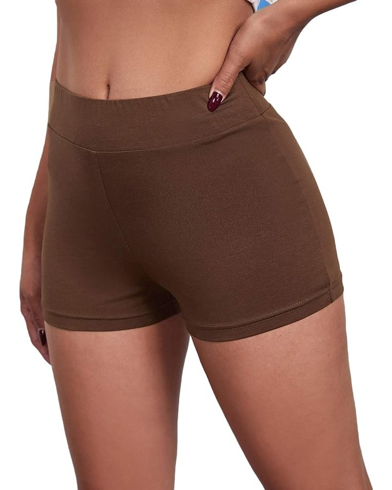 Women's High Elastic Waist Biker Shorts Skinny Sporty Shorts Coffee Brown $11.87 Activewear