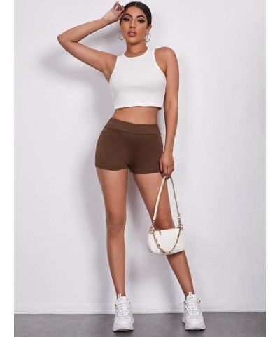 Women's High Elastic Waist Biker Shorts Skinny Sporty Shorts Coffee Brown $11.87 Activewear