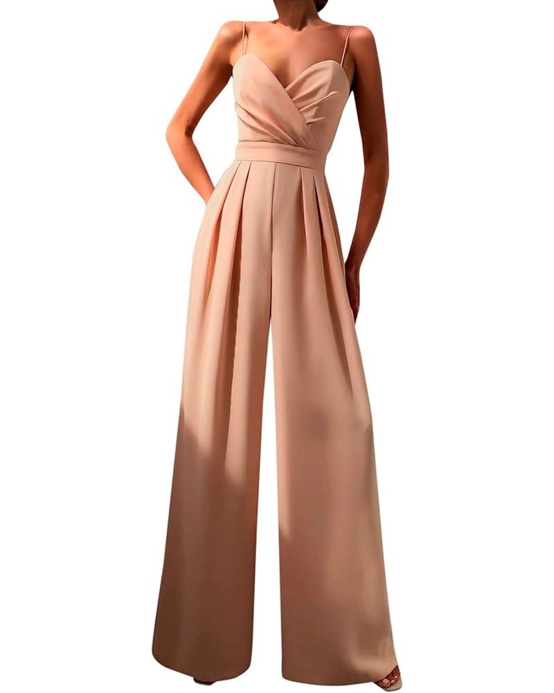 Womens Sexy Jumpsuits Spaghetti Straps Sleeveless V Neck High Waist Rompers Pleated Wide Leg Long Pants Jumpsuit Orange_1 $11...