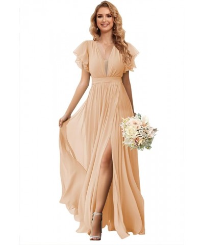 V Neck Bridesmaid Dresses with Slit Ruffle Sleeves Chiffon Formal Evening Gowns with Pockets 2024 AG071 Peach Pink $32.39 Dre...