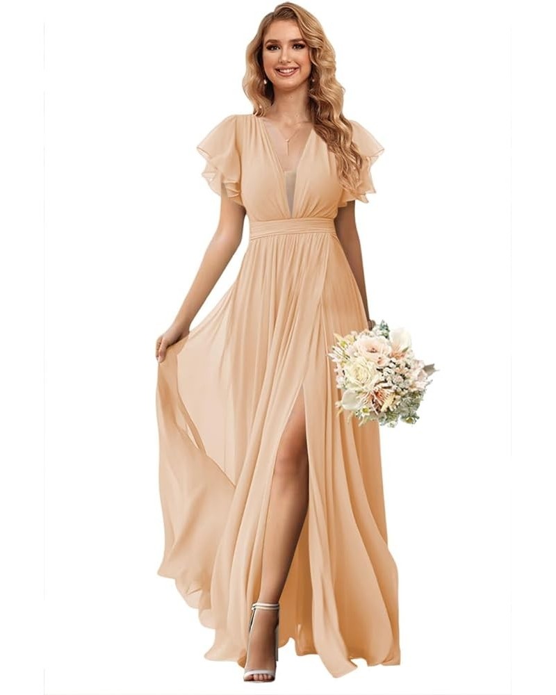 V Neck Bridesmaid Dresses with Slit Ruffle Sleeves Chiffon Formal Evening Gowns with Pockets 2024 AG071 Peach Pink $32.39 Dre...