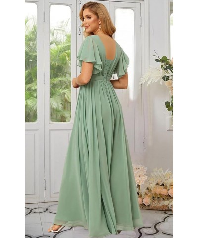 V Neck Bridesmaid Dresses with Slit Ruffle Sleeves Chiffon Formal Evening Gowns with Pockets 2024 AG071 Peach Pink $32.39 Dre...