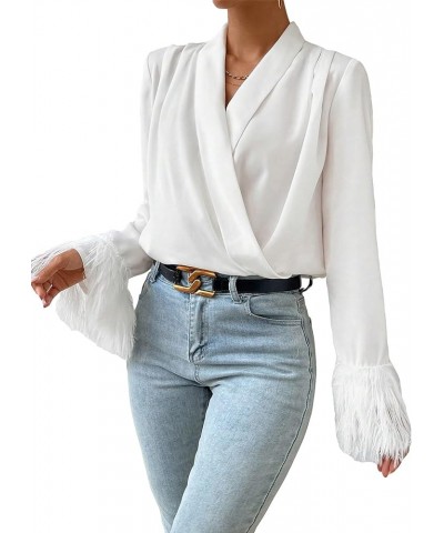 Women's Wrap V Neck Fuzzy Long Bell Sleeve Elegant Party Blouse Shirt Top White $19.80 Blouses