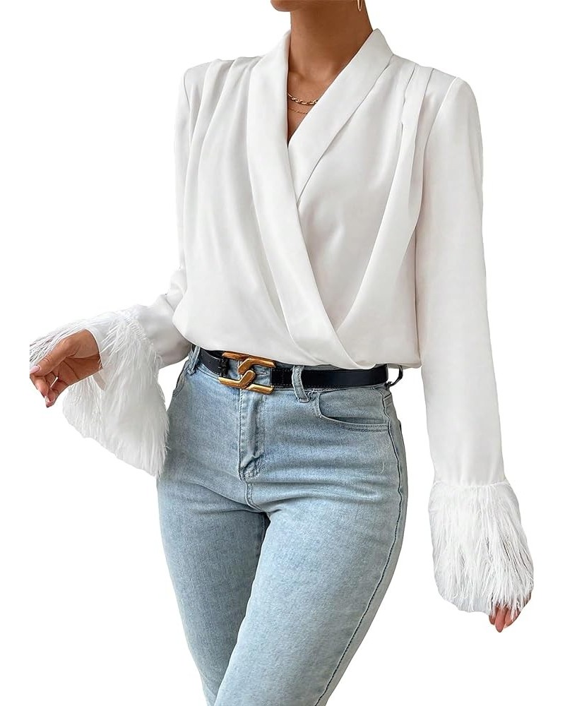 Women's Wrap V Neck Fuzzy Long Bell Sleeve Elegant Party Blouse Shirt Top White $19.80 Blouses