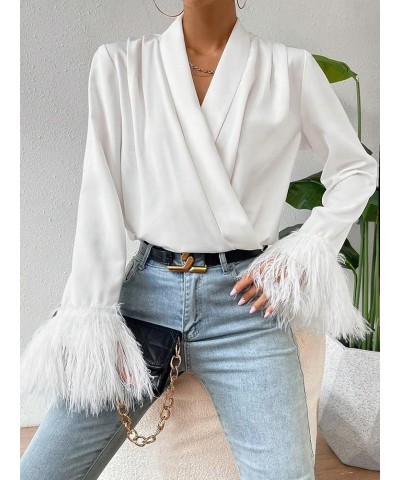 Women's Wrap V Neck Fuzzy Long Bell Sleeve Elegant Party Blouse Shirt Top White $19.80 Blouses