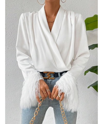 Women's Wrap V Neck Fuzzy Long Bell Sleeve Elegant Party Blouse Shirt Top White $19.80 Blouses