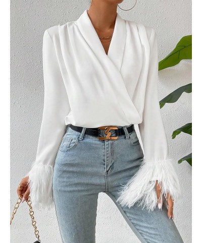 Women's Wrap V Neck Fuzzy Long Bell Sleeve Elegant Party Blouse Shirt Top White $19.80 Blouses