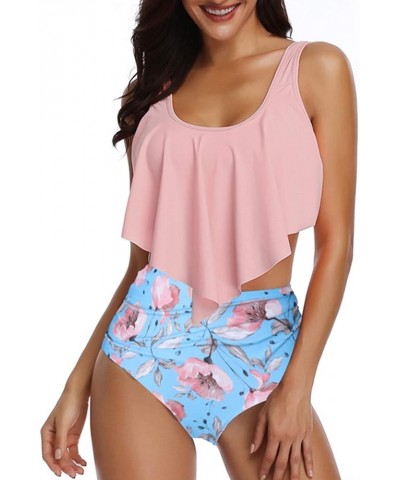 Women's High Neck Two Piece Bathing Suits Top Ruffled High Waist Swimsuit Tankini Bikini Sets Pink-flowers 2 $10.43 Swimsuits