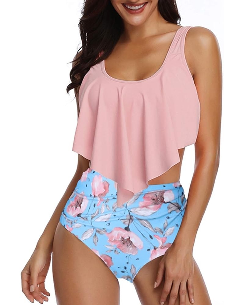 Women's High Neck Two Piece Bathing Suits Top Ruffled High Waist Swimsuit Tankini Bikini Sets Pink-flowers 2 $10.43 Swimsuits