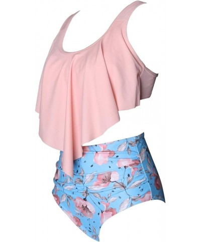 Women's High Neck Two Piece Bathing Suits Top Ruffled High Waist Swimsuit Tankini Bikini Sets Pink-flowers 2 $10.43 Swimsuits