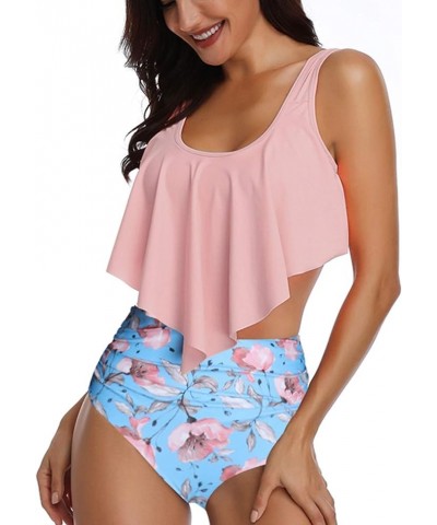 Women's High Neck Two Piece Bathing Suits Top Ruffled High Waist Swimsuit Tankini Bikini Sets Pink-flowers 2 $10.43 Swimsuits