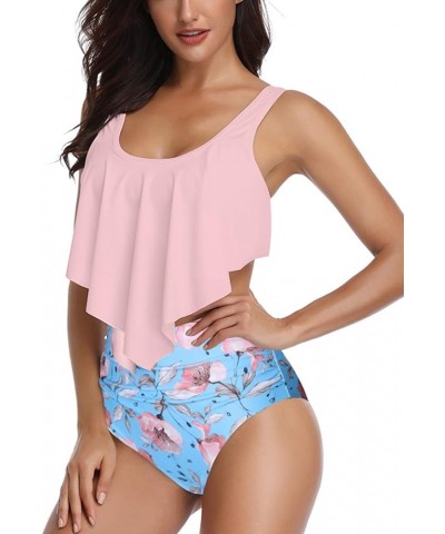 Women's High Neck Two Piece Bathing Suits Top Ruffled High Waist Swimsuit Tankini Bikini Sets Pink-flowers 2 $10.43 Swimsuits