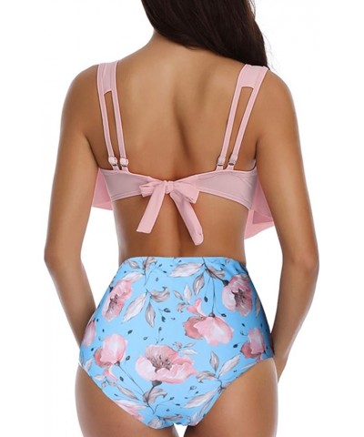 Women's High Neck Two Piece Bathing Suits Top Ruffled High Waist Swimsuit Tankini Bikini Sets Pink-flowers 2 $10.43 Swimsuits