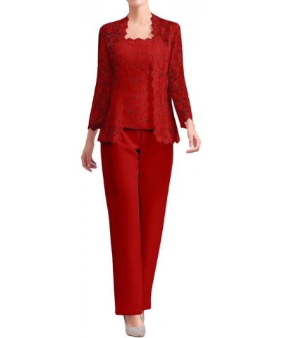 3 Piece Mother of The Bride Pant Suits Sequins Lace Chiffon Wedding Guest Dresses Long Sleeve Square Neck Red $44.04 Suits