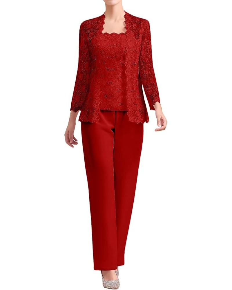 3 Piece Mother of The Bride Pant Suits Sequins Lace Chiffon Wedding Guest Dresses Long Sleeve Square Neck Red $44.04 Suits