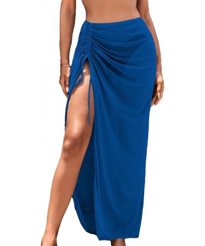 Women's Sheer Mesh Cover Up Skirt Drawstring Side Split Thigh Ruched Beach Cover Up Royal Blue $15.36 Swimsuits