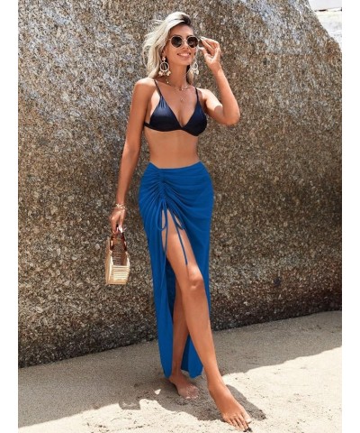 Women's Sheer Mesh Cover Up Skirt Drawstring Side Split Thigh Ruched Beach Cover Up Royal Blue $15.36 Swimsuits