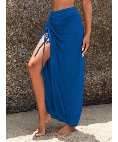 Women's Sheer Mesh Cover Up Skirt Drawstring Side Split Thigh Ruched Beach Cover Up Royal Blue $15.36 Swimsuits