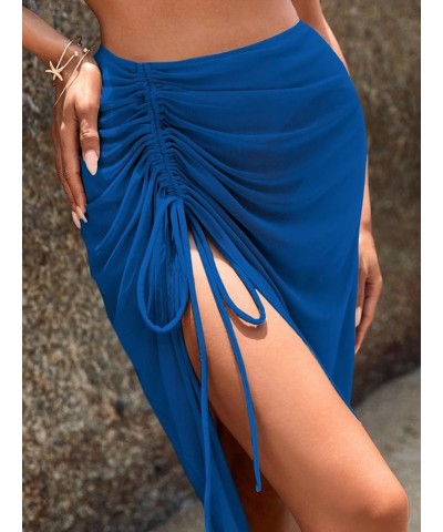 Women's Sheer Mesh Cover Up Skirt Drawstring Side Split Thigh Ruched Beach Cover Up Royal Blue $15.36 Swimsuits