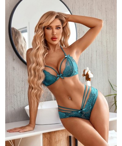 Lingerie Lace Babydoll 2 Piece Sexy Bra and Panty Sets Peacock Blue $14.38 Lingerie