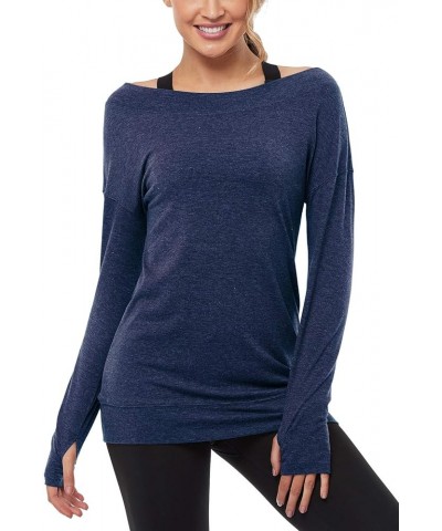 Long Sleeve Workout Shirts-Off Shoulder Long Sleeve Yoga Sports Long T-Shirt Activewear with Thumb Hole Navy $11.68 Activewear