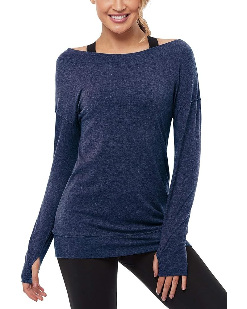 Long Sleeve Workout Shirts-Off Shoulder Long Sleeve Yoga Sports Long T-Shirt Activewear with Thumb Hole Navy $11.68 Activewear