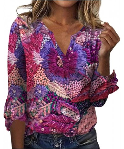 Fall Fashion Women's Top Loose Casual V-Neck Solid Color Blouses Bell 3/4 Sleeve T-Shirt 3-purple $9.63 Blouses