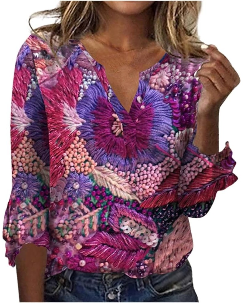 Fall Fashion Women's Top Loose Casual V-Neck Solid Color Blouses Bell 3/4 Sleeve T-Shirt 3-purple $9.63 Blouses