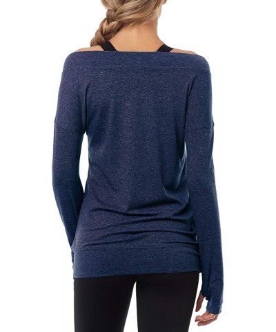 Long Sleeve Workout Shirts-Off Shoulder Long Sleeve Yoga Sports Long T-Shirt Activewear with Thumb Hole Navy $11.68 Activewear