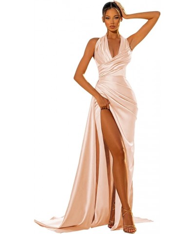 Mermaid Prom Dresses Long for Women Sweep Train Formal Party Gowns Satin Halter Evening Dress with Slit Peach $34.00 Dresses