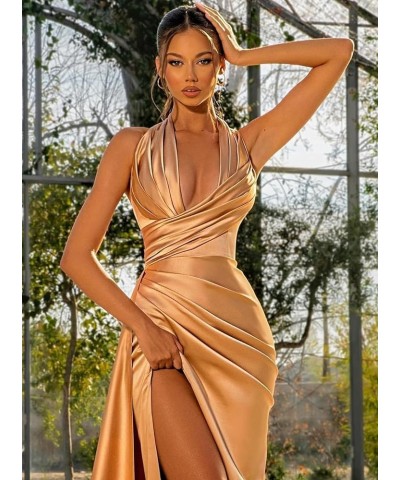 Mermaid Prom Dresses Long for Women Sweep Train Formal Party Gowns Satin Halter Evening Dress with Slit Peach $34.00 Dresses