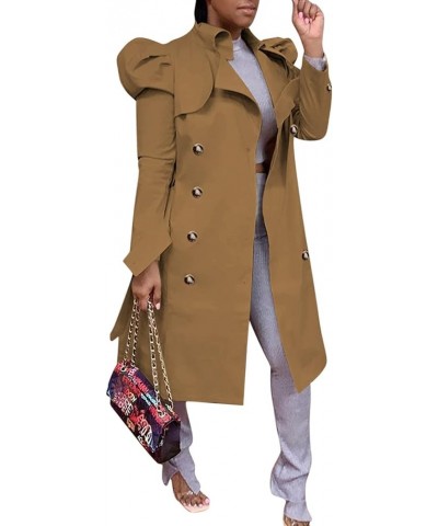 Women Trench Coat Elegant Long Puff Sleeve Loose Long Windbreaker Brown $14.57 Coats